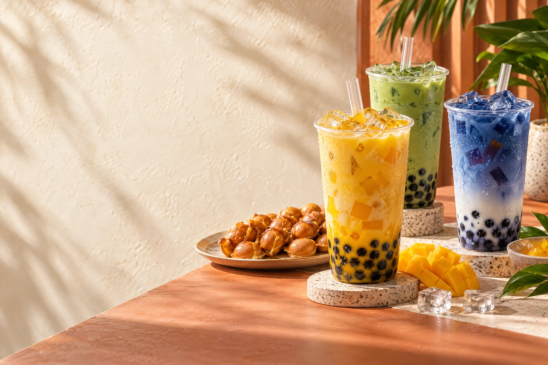 Trois bubble teas colorés et des bouchées de waffle chinois sur une table chaleureuse