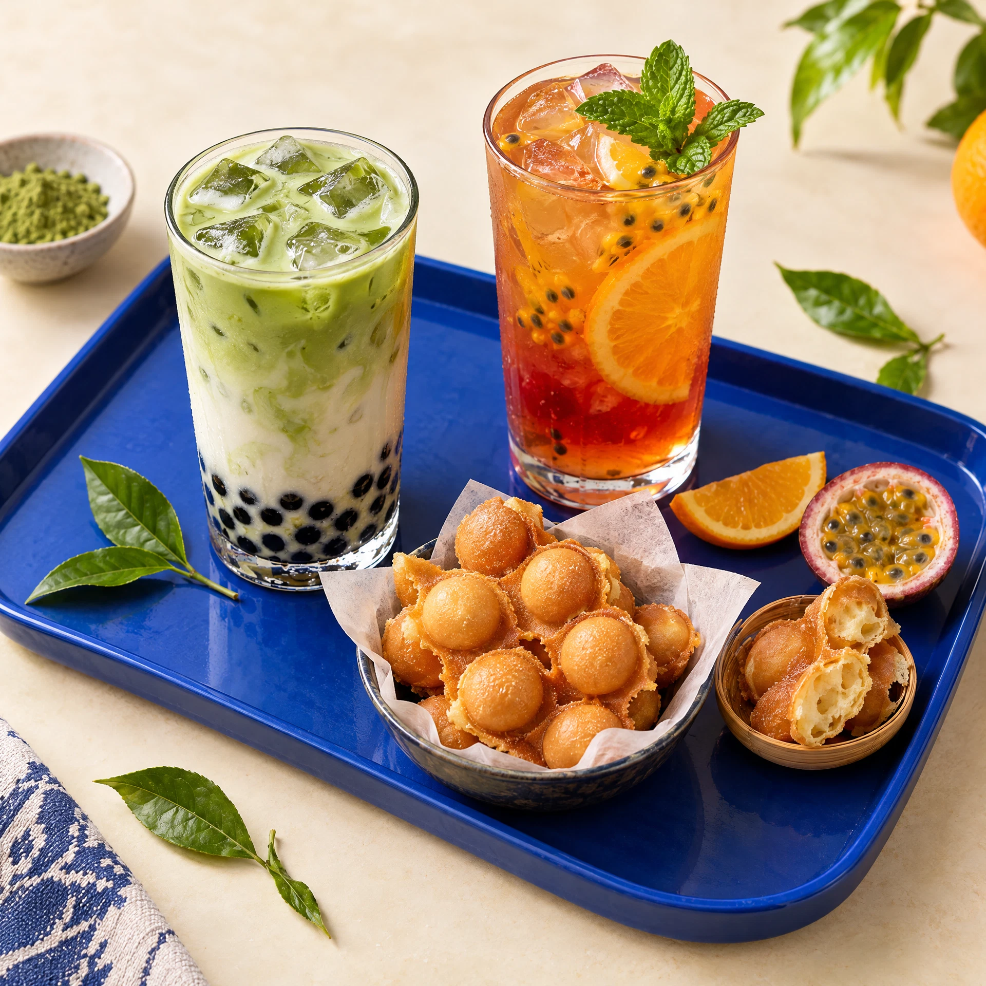 Matcha milk tea, thé fruité et waffle chinois sur un plateau bleu